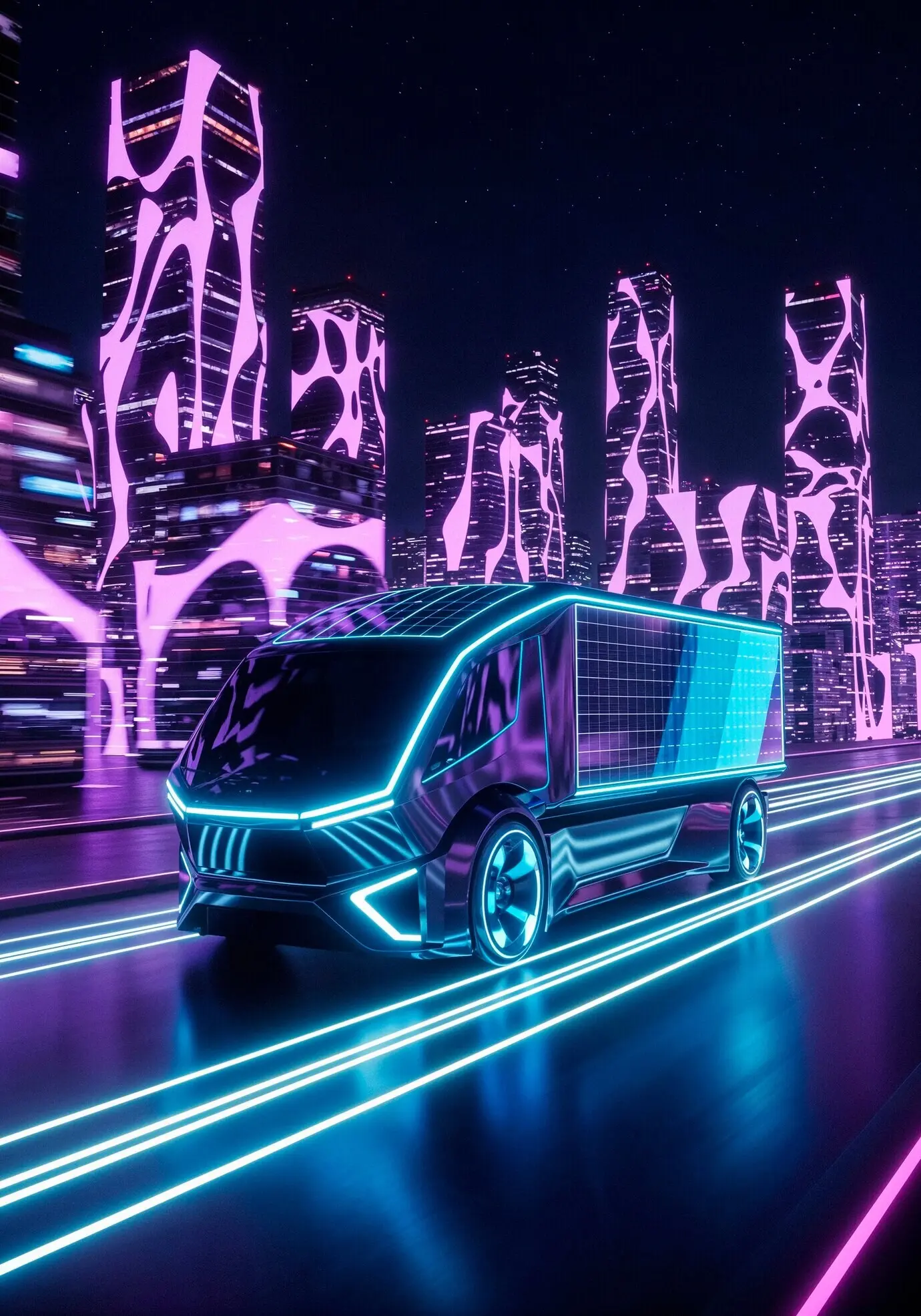 An electric delivery truck with a futuristic cyberpunk aesthetic in a neon city.