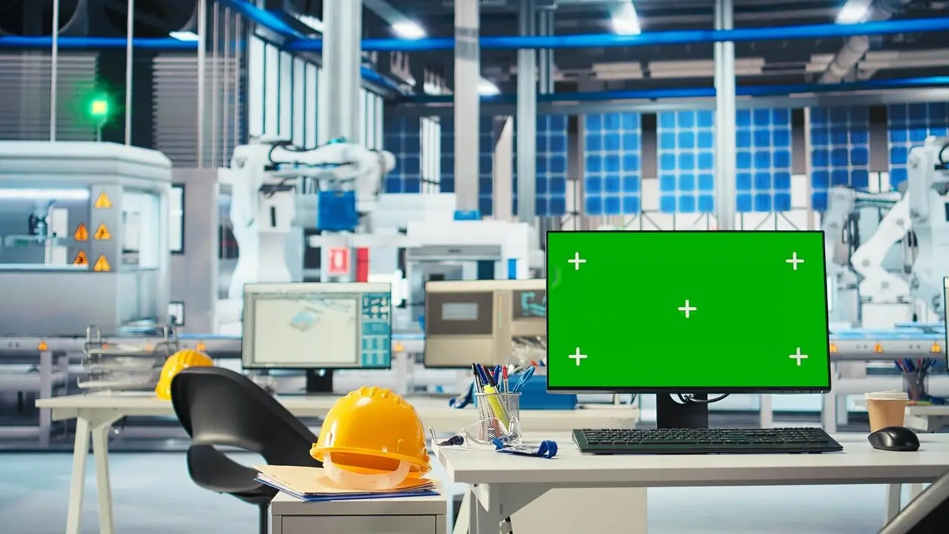 Standalone computer screen in an empty solar panel manufacturing facility used for optimizing layouts, chroma key