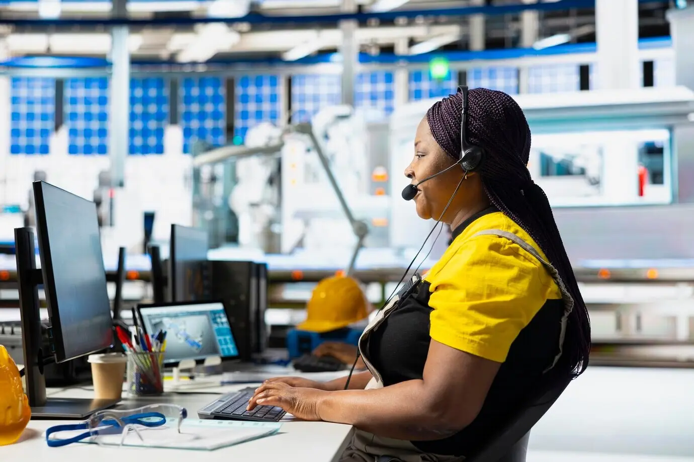 African American woman employed as a help line operator at an industrial facility.