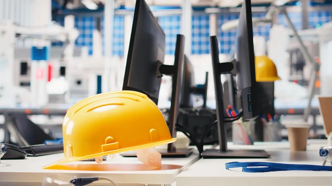 Computer monitor in a solar panel manufacturing plant used to study solar energy systems, with the PC screen on.